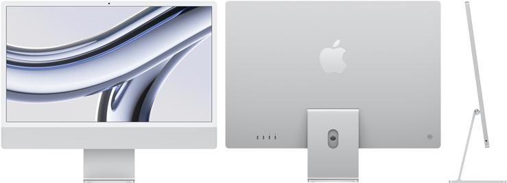 Sidabro spalvos „iMac“ vaizdas iš priekio, galo ir šono