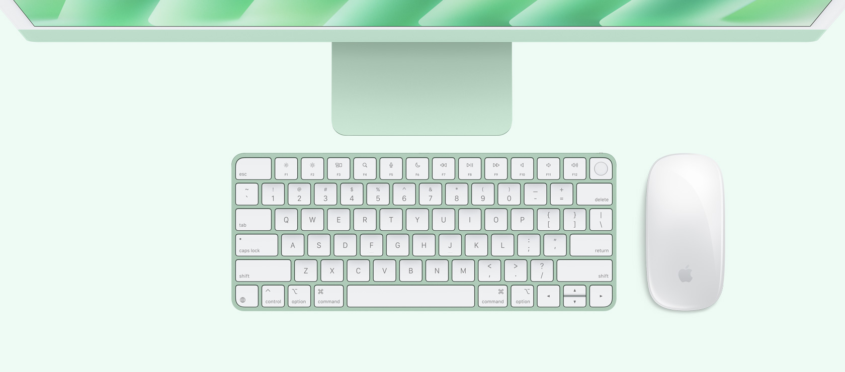 Overhead view of green iMac with color-matching mouse and keyboard