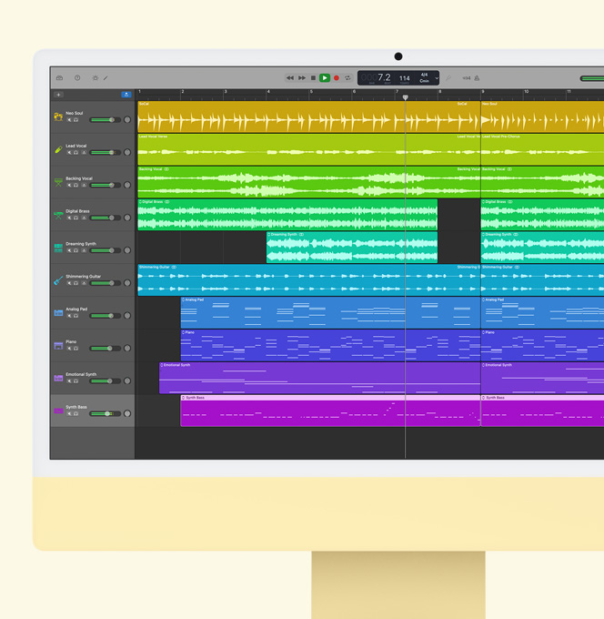 Ein iMac in Gelb. Auf dem Bildschirm wird GarageBand gezeigt