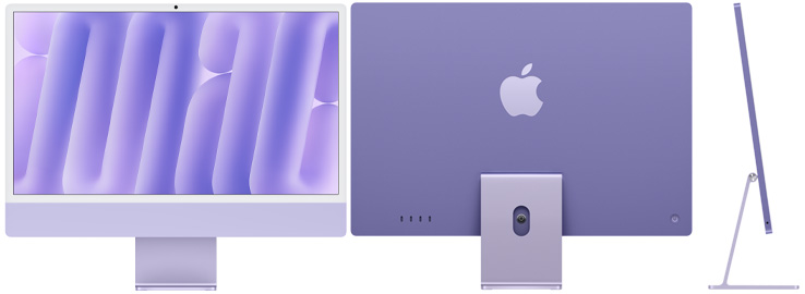 Vue de face, de dos et de côté de l’iMac mauve