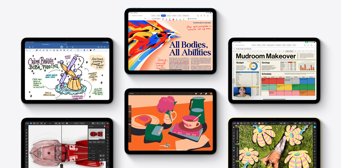 Колекция от шест различни iPad устройства с различни приложения, включително Goodnotes 6, Affinity Designer 2, Microsoft Word, Procreate, Microsoft Excel и Affinity Photo 2.