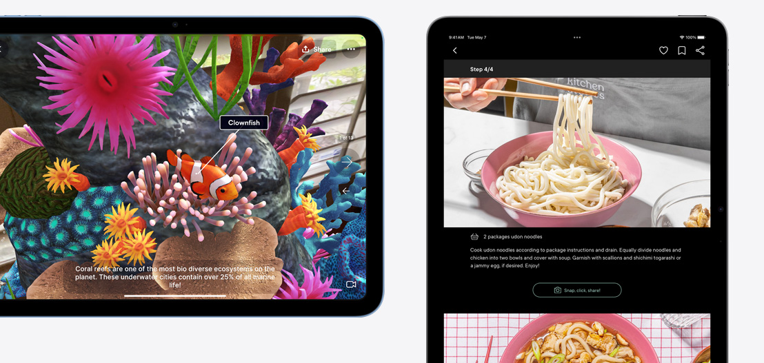 „iPad“ ir „iPad Air“, kuriuose demonstruojamos programos „Jigspace“ ir „Kitchen Stories“.