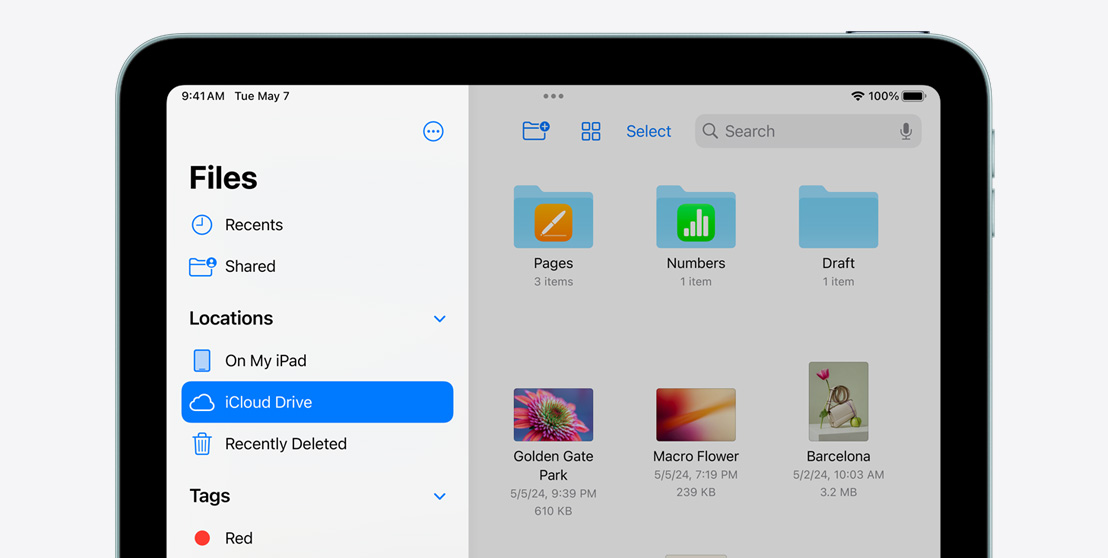 iPad Air демонстрира Files приложението.