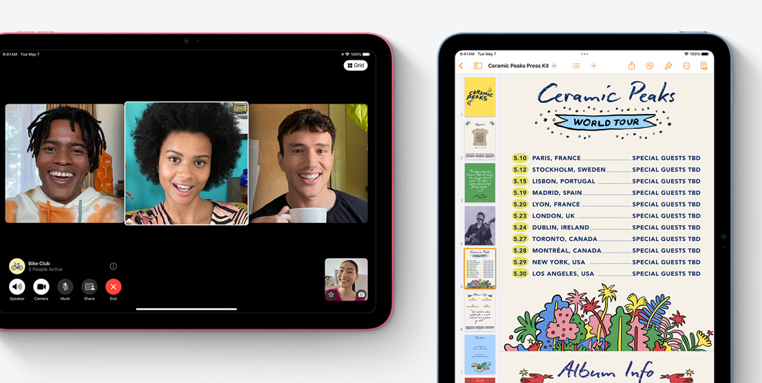 Два iPad-а, на единия от които се вижда FaceTime видеоразговор, а на другия — Pages приложението.