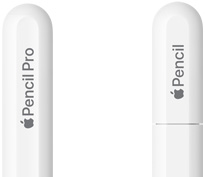 Apple Pencil Pro, parte superior redondeada con las palabras Apple Pencil Pro grabadas. Apple Pencil USB-C, tapa superior con las palabras Apple Pencil grabadas.