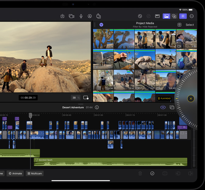 horizontāls novietojums, iPad Pro, tiek rādīts video rediģēšanas process