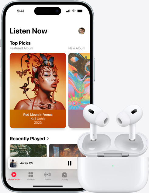 An image of iPhone 15 playing a track through Apple Music, sits next to a pair of AirPods.