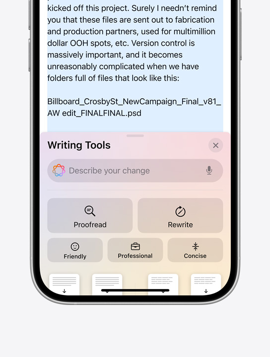 Imagem das instruções das Ferramentas de Escrita da Apple Intelligence no iPhone 16 Pro.