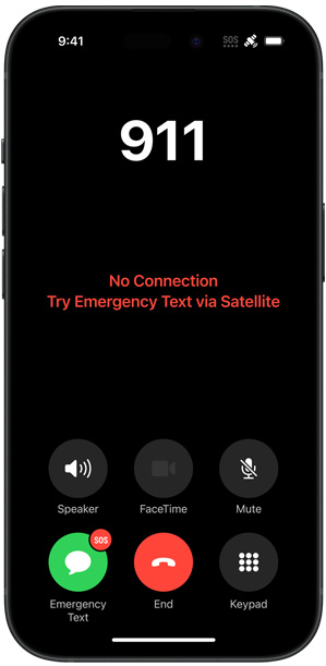 An iPhone showing the message "No Connection Try Emergency Text via Satellite"