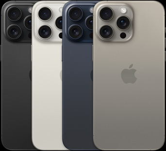 Imagem da parte de trás do iPhone 15 Pro Max em quatro cores diferentes