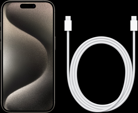 Skats no priekšpuses uz iPhone 15 Pro un USB-C uzlādes kabeli