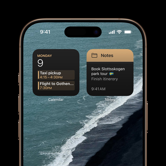 iPhone 16 Pro, персонализиран с изскачащи Calendar и Notes прозорци в горната част Home екрана