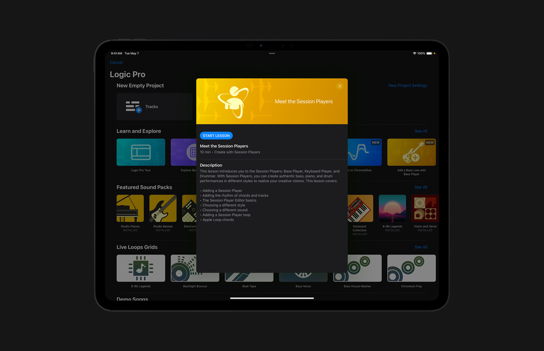 Una colección de plugins en Logic Pro en un iPad Pro.