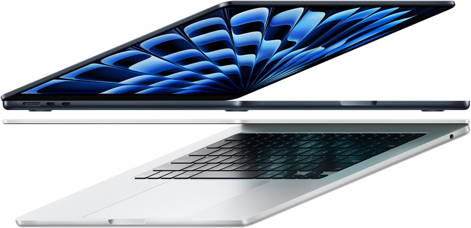 Éjfekete és ezüstszínű M3 chipes MacBook Air oldalnézetből