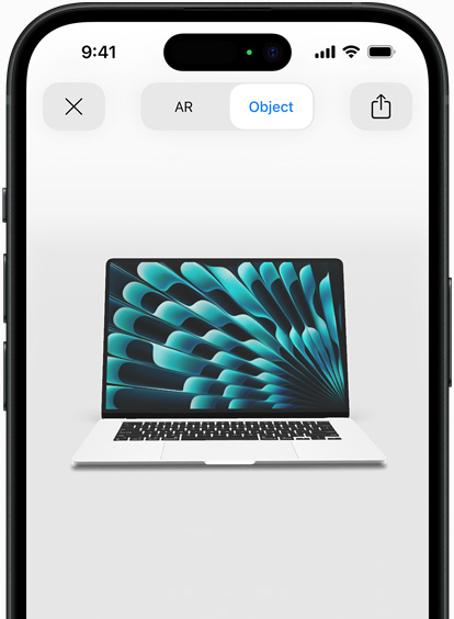 Preview of MacBook Air in Silver colour being viewed in AR experience on iPhone
