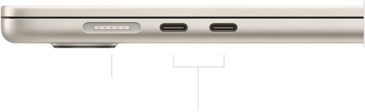 Un MacBook Air chiuso, visto dal lato sinistro, si notano la porta MagSafe e le due porte Thunderbolt