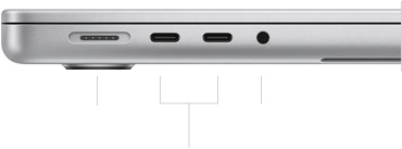 Linkerkant van gesloten 14‑inch MacBook Pro met M3, met MagSafe 3-poort, twee Thunderbolt/USB 4-poorten en mini-jack-aansluiting