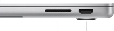 MacBook Pro 14 inch với M3, đã đóng, bên phải, hiển thị khe thẻ nhớ SDXC và cổng HDMI
