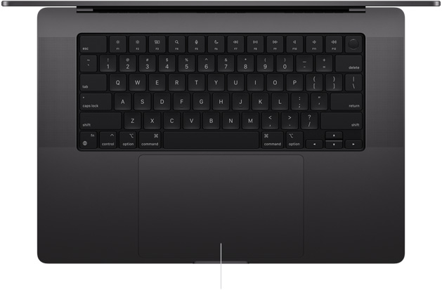 Pogled odozgo na otvoreni 16-inčni MacBook Pro u svrhu prikaza Force Touch trackpada, smještenog podno tipkovnice