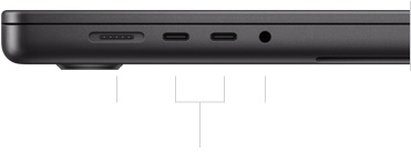 Lijeva strana zatvorenog 16-inčnog MacBooka Pro, prikaz priključka MagSafe 3, dva priključka Thunderbolt 4 i priključnice za slušalice