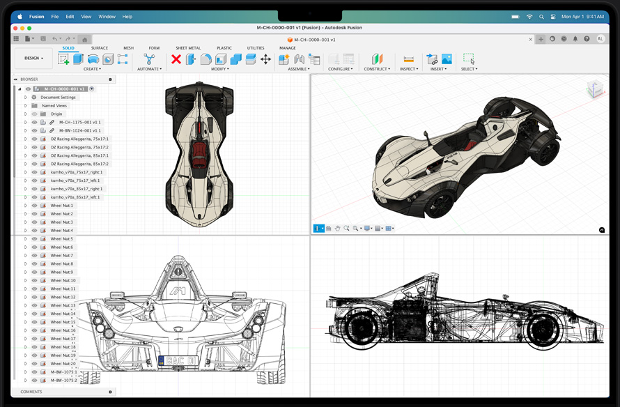 Modell av en racerbil i appen Autodesk Fusion