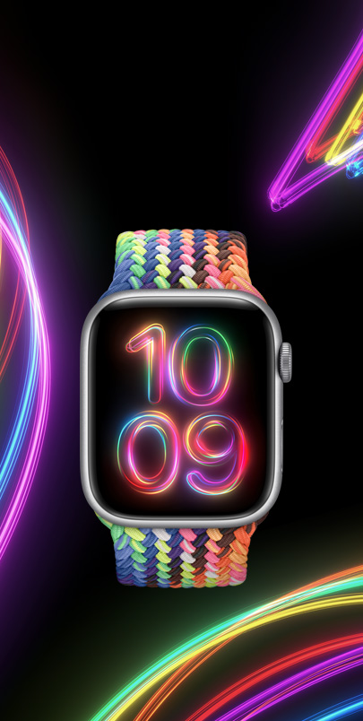 Apple Watch Series 9 พร้อมสาย Braided Solo Loop รุ่น Pride Edition ใหม่ที่มาในสีนีออนหลากสีสัน และหน้าปัดนาฬิกา Pride แสงนีออนที่เข้าคู่กัน