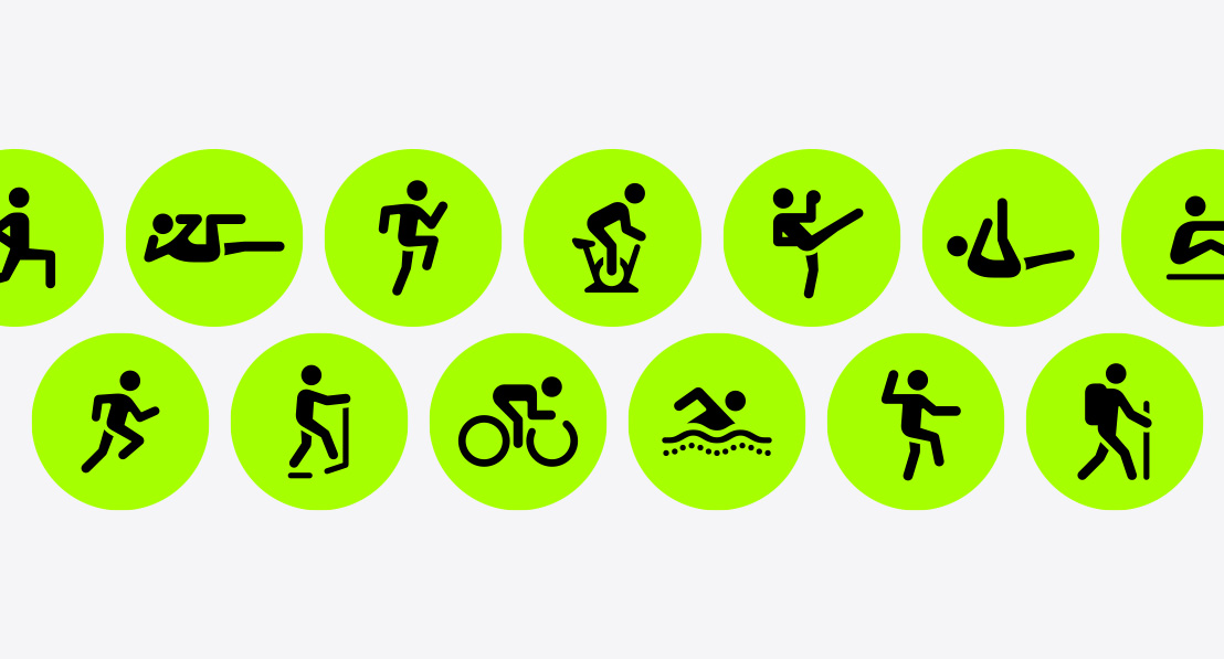 Ikony apki Trening symbolizujące następujące aktywności: funkcjonalny trening siłowy, trening core, HIIT, rower na sali, kick-boxing, pilates, ergometr, bieg, orbitrek, rower, pływanie, tai chi i wędrówka.