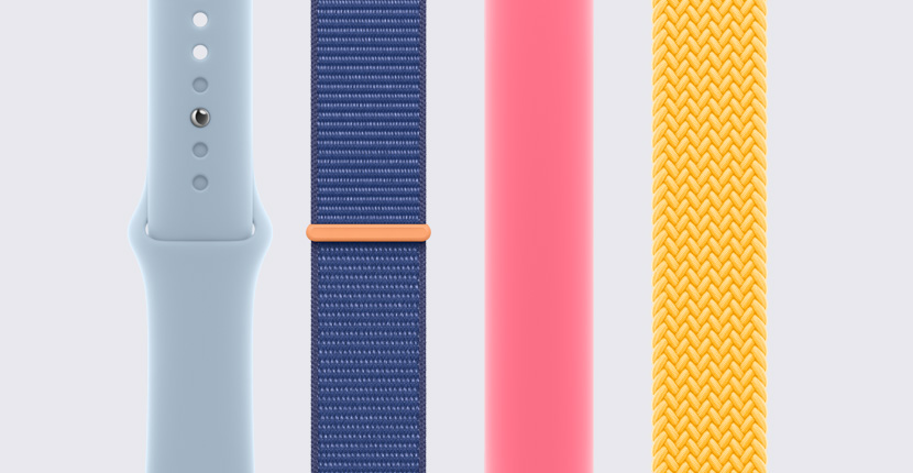 Diferentes correas para el Apple Watch puestas de forma vertical una al lado de la otra.
