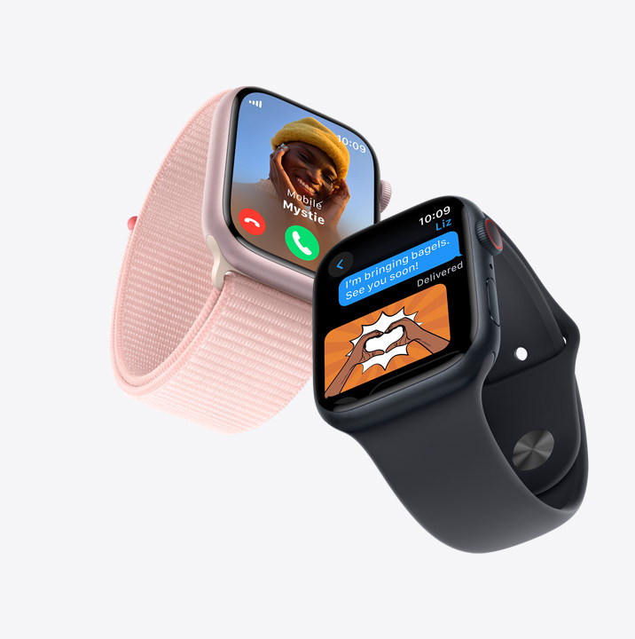 Two Apple Watch Series 9. The first has an incoming call. The second shows a text message conversation.