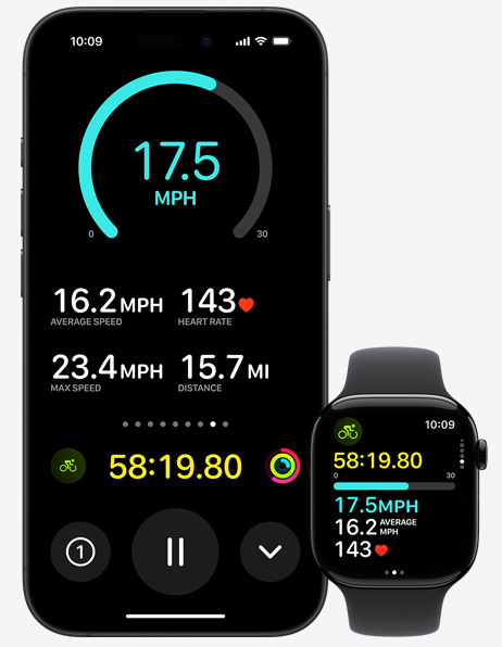 En färdbeskrivning visas både på en iPhone 16 och på en Apple Watch Series 10.