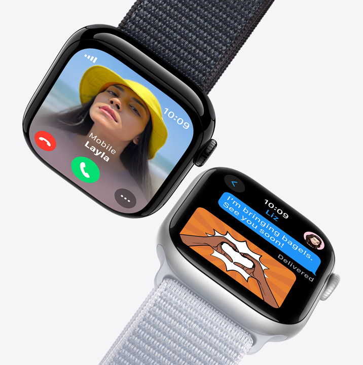 Du „Apple Watch“ ekranai. Pirmajame rodomas įeinantis skambutis. Antrajame – teksto žinute.