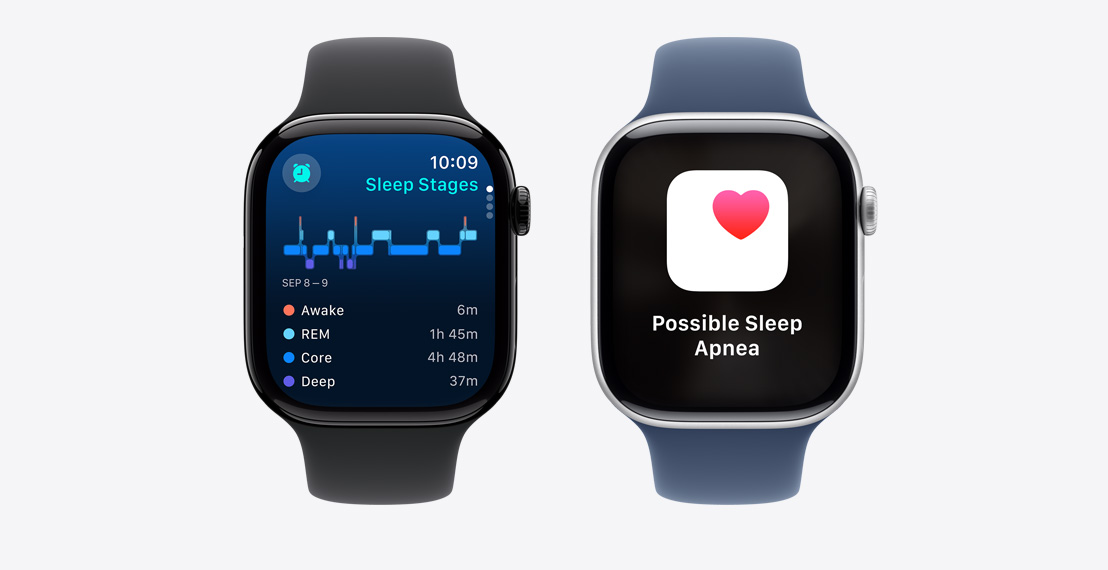 Deux Apple Watch Series 10. La première montre des données sur les phases de sommeil. La deuxième montre une notification Apnée du sommeil possible.