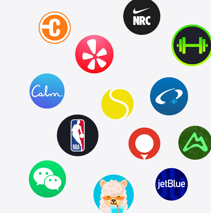 The icons of Apple Watch apps from the App Store. ChargePoint, Yelp, Nike Run Club, SmartGym, Calm, NBA, SwingVision, Oceanic+, WeChat, Waterllama, Golfshot, JetBlue and AllTrails