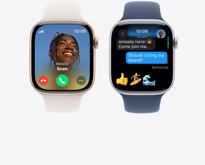 Vorderansicht von zwei Apple Watch Series 10 mit einem Anruf und einer Textnachricht.