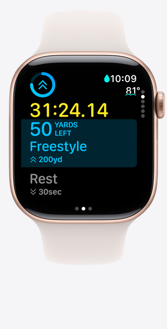 Vista frontal de um Apple Watch Series 10 a mostrar um ecrã de treino de natação personalizado em piscina e métricas para natação.