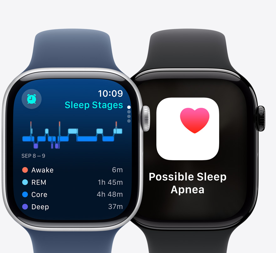 Vue de face de deux Apple Watch Series 10 affichant un écran Phases du sommeil et une notification Apnée du sommeil possible.