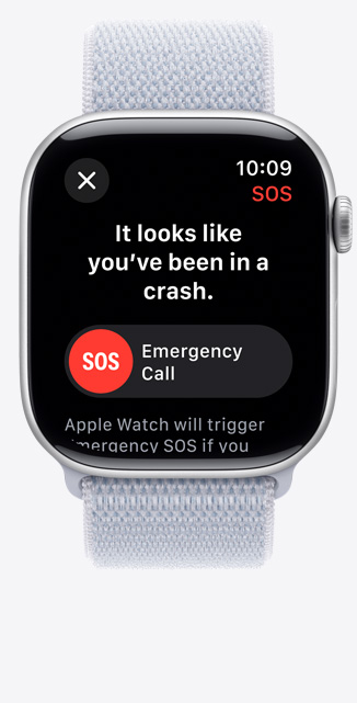 En notis från Falldetektering visas på en Apple Watch Series 10 sedd framifrån.