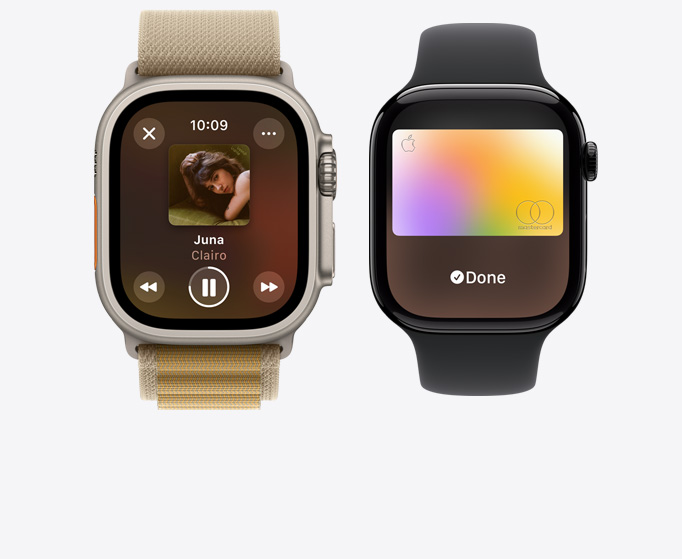 Front view of an Apple Watch Ultra 2 and Apple Watch Series 10 showing music playing and the Apple Card.