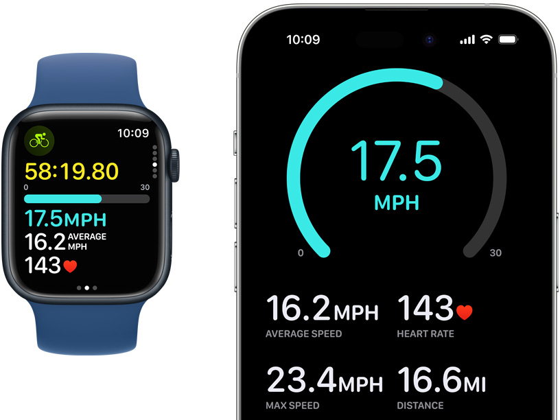 An Apple Watch and an iPhone displaying live cycling metrics