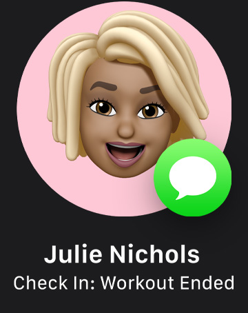 Een memoji met een Berichten-symbool dat Check-in aangeeft