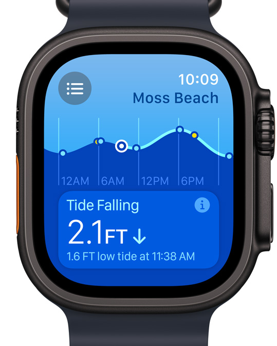 Une Apple Watch Ultra affichant à l’écran la nouvelle app Marées.