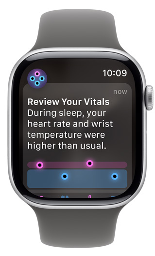 Écran d’Apple Watch affichant une alerte « Vérifiez vos signes vitaux »