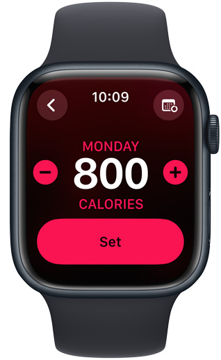 Un écran d’Apple Watch affiche un objectif Bouger de 800 calories.