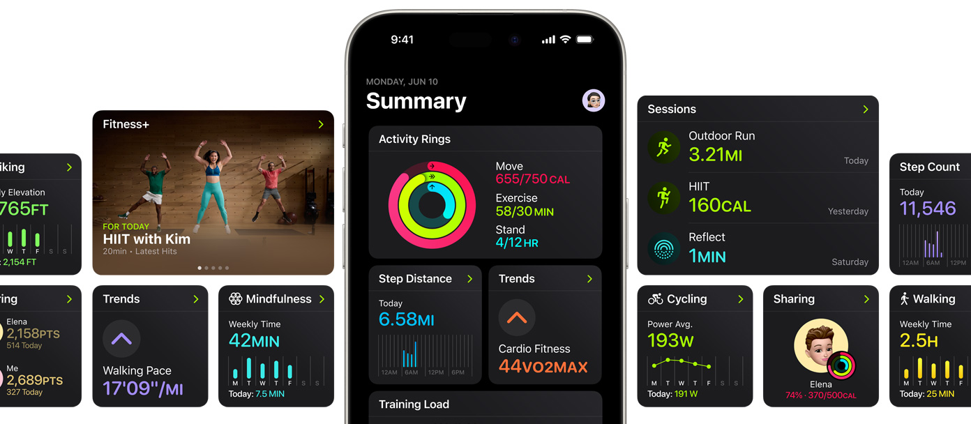 Ein iPhone in der Mitte mehrerer Bildschirme mit Anpassungsoptionen für die Übersichtsseite in der Fitness App.