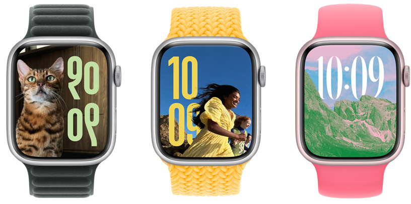 Três mostradores de fotografias no Apple Watch a mostrar imagens, tamanhos de hora e alfabetos diferentes