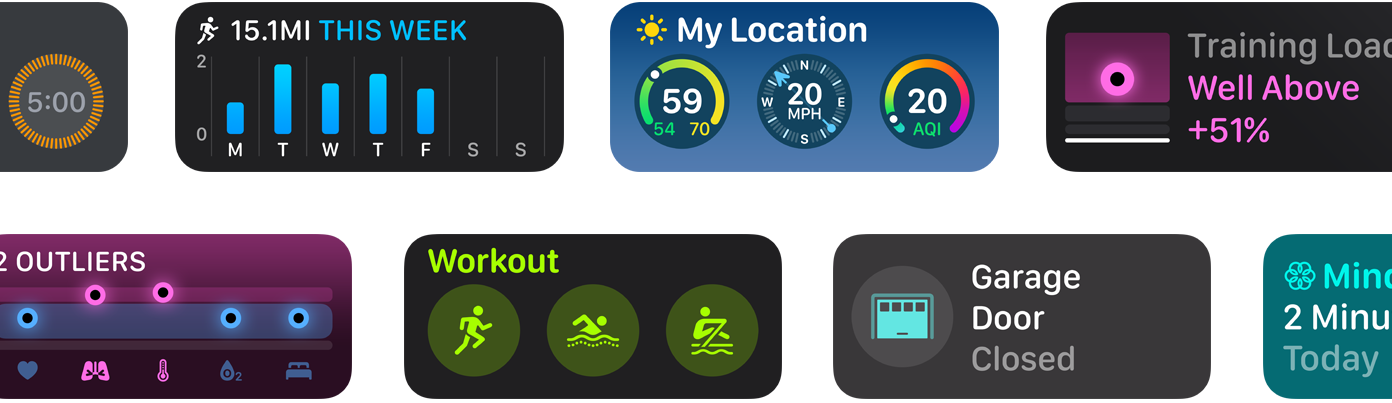 Seleção de novos widgets de apps para watchOS