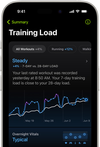 Egy iPhone kijelzőjén a legutóbbi minősített edzésből származó edzésterhelési mérőszámok láthatók. 