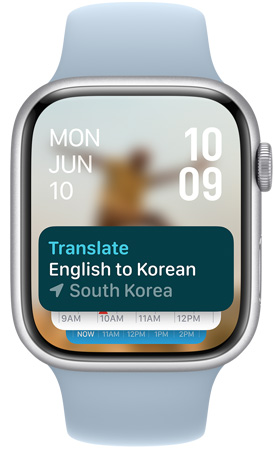 An Apple Watch screen displaying the Translate app widget in the Smart Stack.