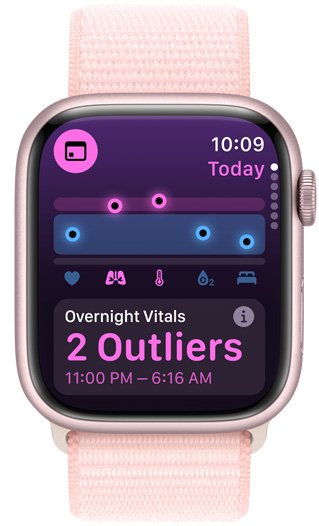 Apple Watchin näytöllä näkyy yön aikana mitatut elintoiminnot ja kaksi poikkeavuutta