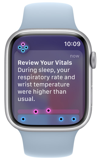 Écran d’Apple Watch affichant une alerte « Vérifiez vos signes vitaux »